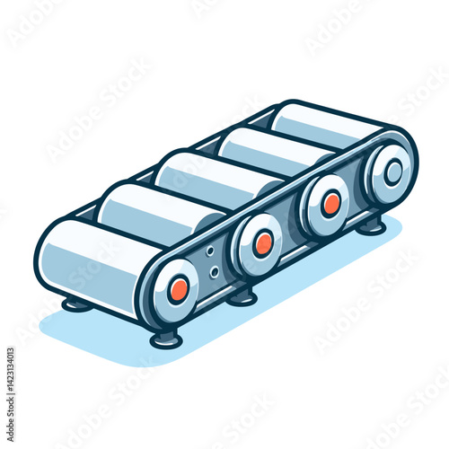 Conveyor belt with rollers and red sensors in industrial design. Ideal for manufacturing processes, factory automation, and production line equipment concepts.