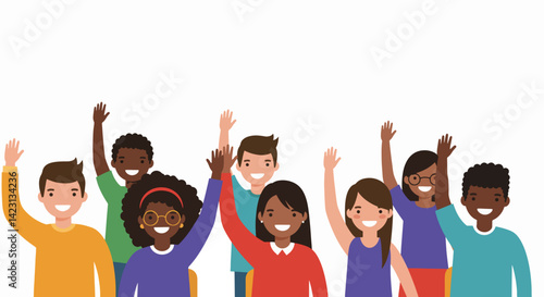 Diverse group of people celebrating joyfully against a white background  