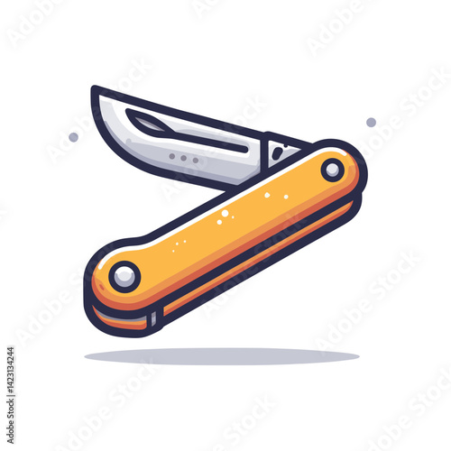 Folding pocket knife with wooden handle in yellow and silver colors. Ideal for camping gear, outdoor tools, and EDC equipment illustrations.