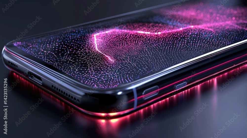 A futuristic smartphone with a dynamic data visualization display. A futuristic smartphone with a dynamic data visualization display.