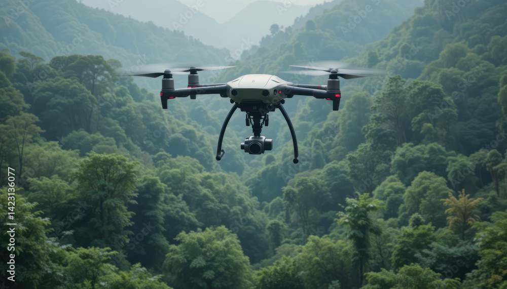 Fototapeta premium Aerial Drone Capturing Scenic Landscape in Lush Green Forested Mountains During Daytime Adventure