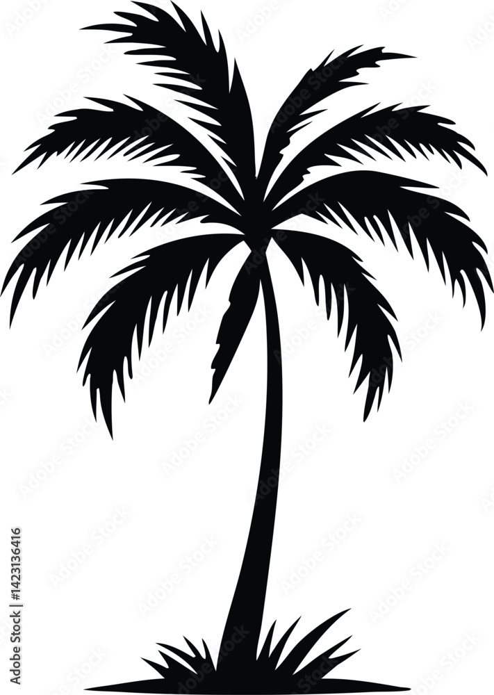 Obraz premium Black silhouette illustration of a tropical palm tree on a white background perfect for summer travel and nature concepts