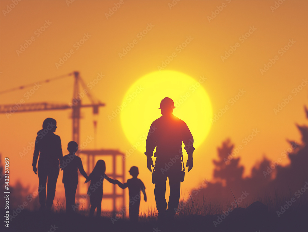 Fototapeta premium silhouette of builder with family at sunset, occupational safety concept . Generative AI