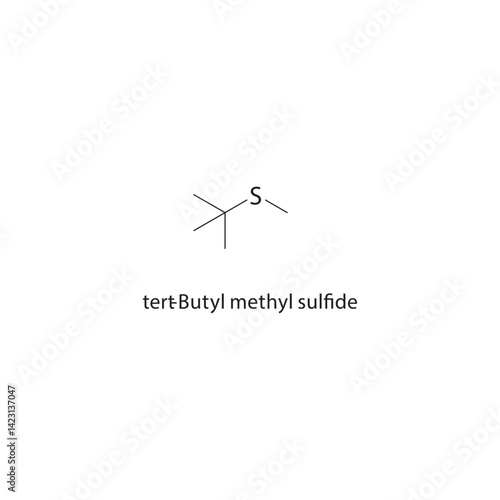 tert-Butyl methyl sulfide skeletal structure. Sulfide compound schematic illustration. Simple diagram, chemical formula.