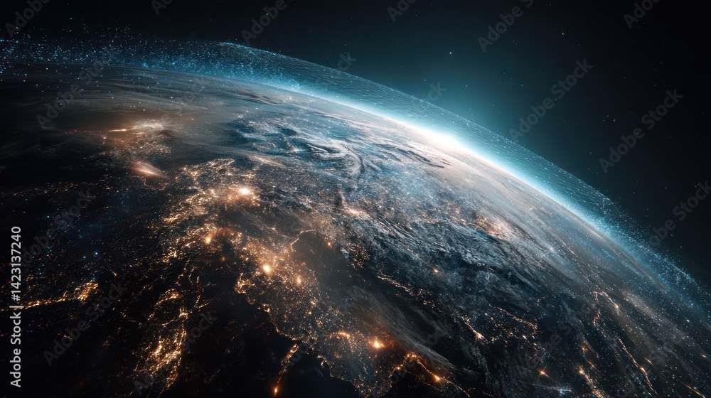 Fototapeta premium A breathtaking view of Earth from space, showcasing vibrant city lights and natural landscapes under a stunning cosmic backdrop.