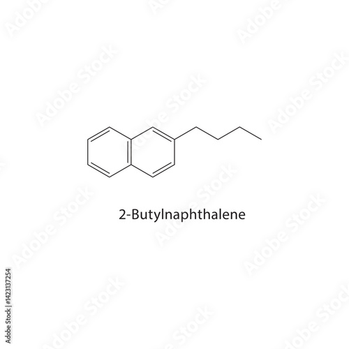 2-Butylnaphthalene skeletal structure. Alkylated aromatic compound schematic illustration. Simple diagram, chemical formula.