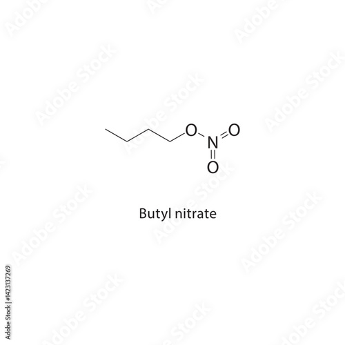 Butyl nitrate skeletal structure. Nitrate ester compound schematic illustration. Simple diagram, chemical formula.