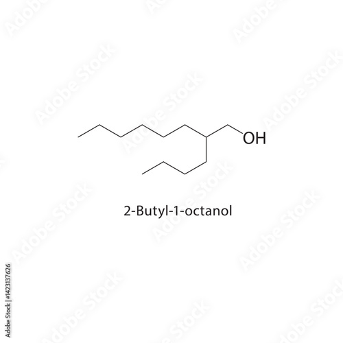 2-Butyl-1-octanol skeletal structure. Alcohol compound schematic illustration. Simple diagram, chemical formula.