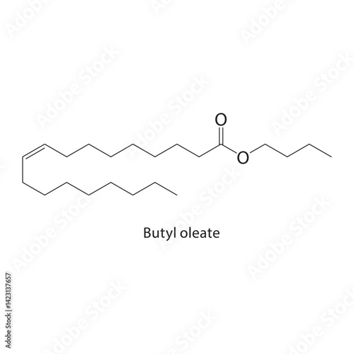 Butyl oleate skeletal structure. Ester (unsaturated fatty acid) compound schematic illustration. Simple diagram, chemical formula.