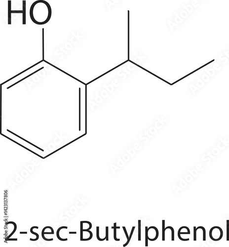 2-sec-Butylphenol skeletal structure. Phenol compound schematic illustration. Simple diagram, chemical formula.