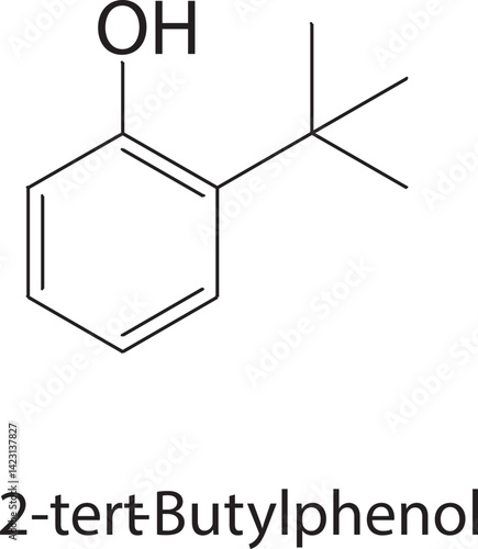 2-tert-Butylphenol skeletal structure. Phenol compound schematic illustration. Simple diagram, chemical formula.