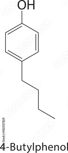 4-Butylphenol skeletal structure. Phenol compound schematic illustration. Simple diagram, chemical formula.