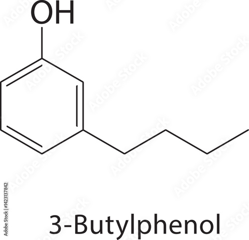 2,3-Butylphenol skeletal structure. Phenol compound schematic illustration. Simple diagram, chemical formula.