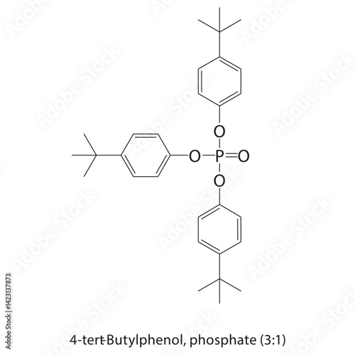 4-tert-Butylphenol, phosphate (3:1) skeletal structure. Phenol phosphate ester compound schematic illustration. Simple diagram, chemical formula.