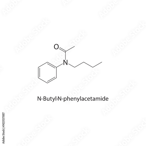 N-Butyl-N-phenylacetamide skeletal structure. Amide compound schematic illustration. Simple diagram, chemical formula.
