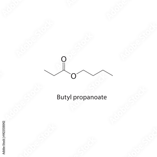 Butyl propanoate skeletal structure. Ester compound schematic illustration. Simple diagram, chemical formula.