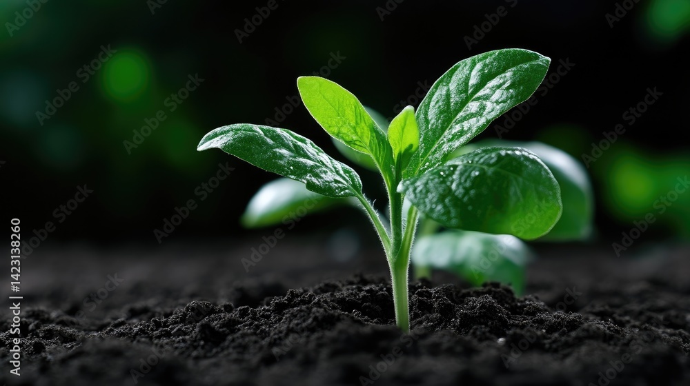 Young sprout emerging from fertile soil. Healthy green seedling. Freshly watered. Close-up Young sprout emerging from fertile soil. Healthy green seedling. Freshly watered. Close-up
