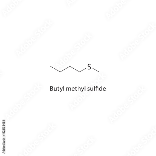 Butyl methyl sulfide skeletal structure. Sulfide compound schematic illustration. Simple diagram, chemical formula.