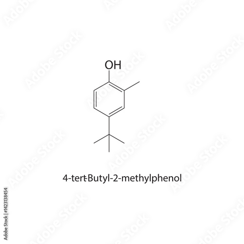 4-tert-Butyl-2-methylphenol skeletal structure. Phenol compound schematic illustration. Simple diagram, chemical formula.