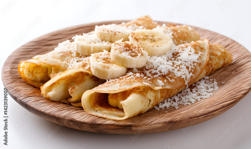 Tapioca crepes with cheese and coconut, garnished with banana and cinnamon, Generative AI Tapioca crepes with cheese and coconut, garnished with banana and cinnamon, Generative AI