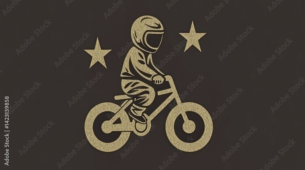 Fototapeta premium Child riding a bicycle, stars in background, graphic design, possible use for a children's product, poster, or logo