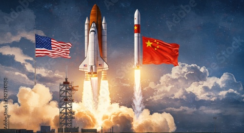 Space Race: Dual Launch, American & Chinese Rockets Ascending