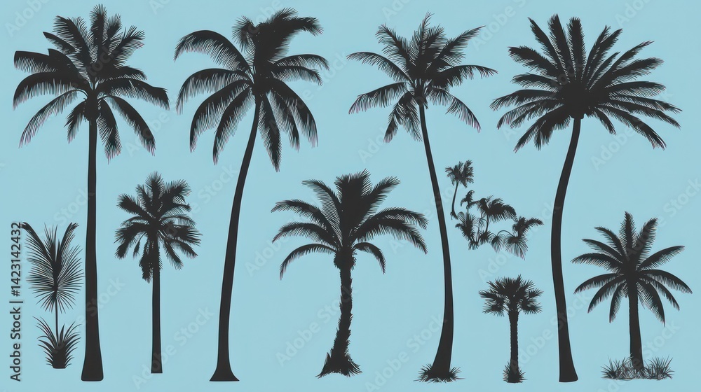 Silhouettes of various tropical palm trees against a pale blue background. Silhouettes of various tropical palm trees against a pale blue background.