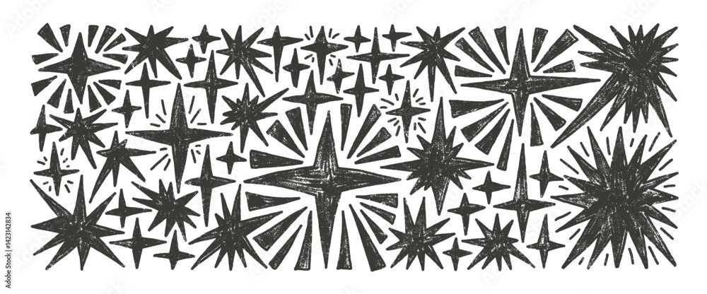 Twinkles y2k charcoal set. Spark stars sketch. Space shine shapes and blings doodle pack. Comets and blinking. Vector hand drawn black pencil drawn illustration isolated on white background. Twinkles y2k charcoal set. Spark stars sketch. Space shine shapes and blings doodle pack. Comets and blinking. Vector hand drawn black pencil drawn illustration isolated on white background.