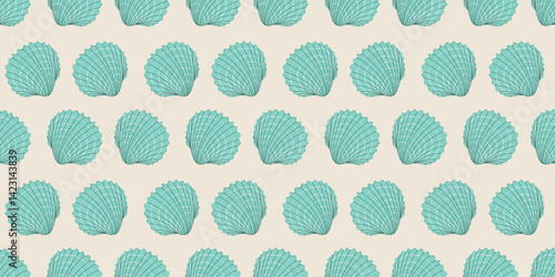 Sea shells seamless pattern. Summer marine animal background. Trendy pattern of seashells for wrapping paper, wallpaper, stickers, notebook cover. Ocean snail cartoon backdrop illustration.