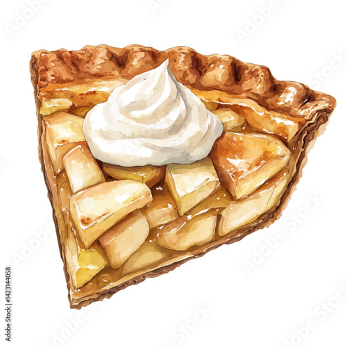 Slice Of Apple Pie With A Dollop Of Cream, watercolor vector, isolated on a white background.