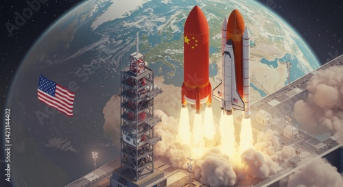 Dual Space Launch: US & Chinese Rockets Ascending Above Earth
