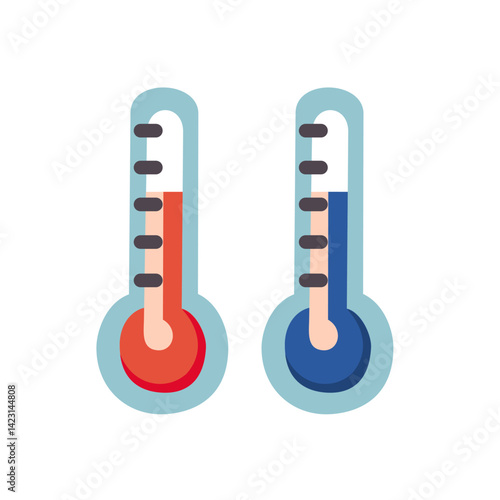 Temperature scale symbols set - hot and cold weather symbols. Flat red and blue thermometer scales isolated on white background. Vector illustration.
