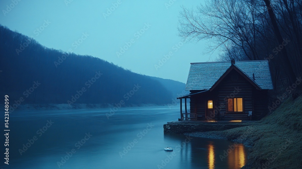 Fototapeta premium A cozy cabin sits peacefully beside a dark misty lake