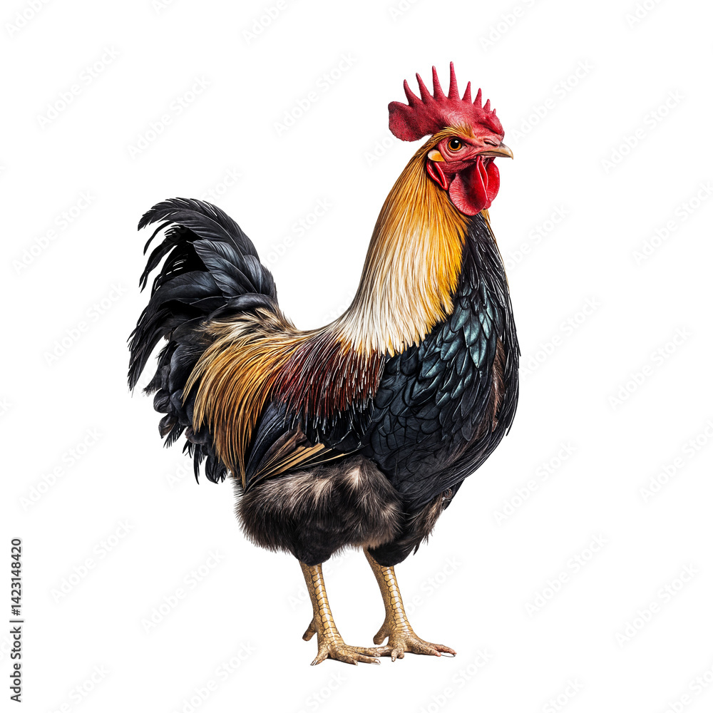 Fototapeta premium Colorful rooster standing proudly with vibrant feathers and a prominent comb isolated on transparent background