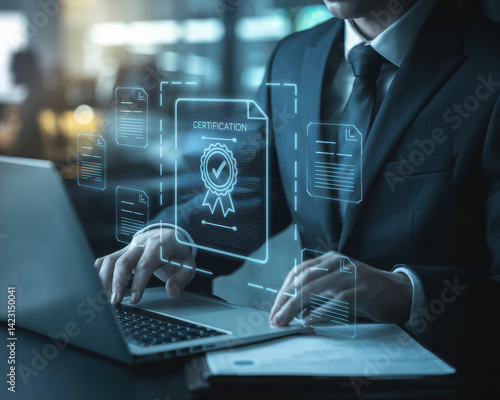 Businessman using futuristic holographic certification system