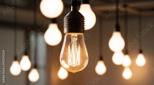 A single light bulb illuminated and suspended in a space, suggesting illumination and inspiration. The light has warm tone and the blurred lights are at the background