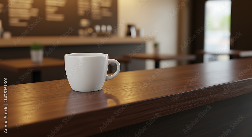Fototapeta premium Coffee Cup on Wooden Counter in Cafe Interior