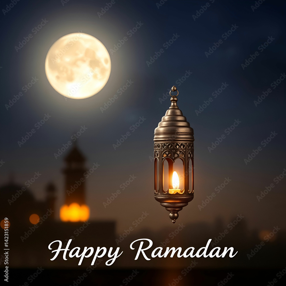 A silver lamp with the moon and the words ramadanislamic ramadan greeting background A silver lamp with the moon and the words ramadanislamic ramadan greeting background
