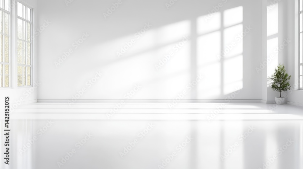 Bright, minimalist interior space. Sunlight streams through large windows, casting shadows on the white walls and floor Bright, minimalist interior space. Sunlight streams through large windows, casting shadows on the white walls and floor