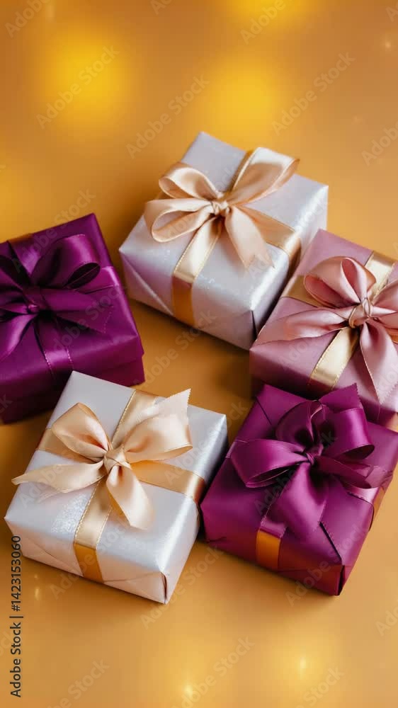 Elegant gift box collection with ribbon bows for celebrations on golden background, perfect for festive moments and special occasions Elegant gift box collection with ribbon bows for celebrations on golden background, perfect for festive moments and special occasions