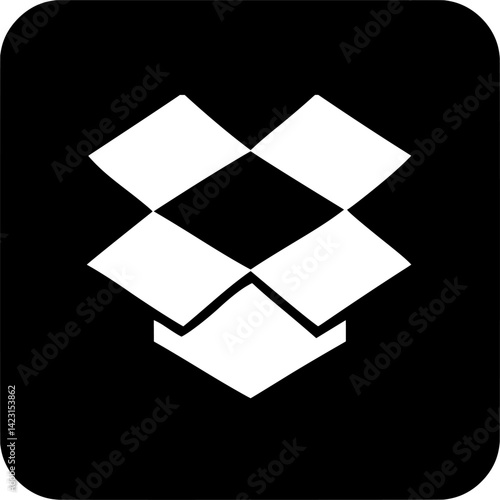 White Dropbox logo resembling an open box on black rounded square background.