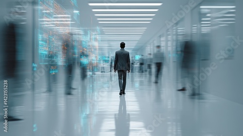 A lone businessman walks through a modern corridor, surrounded by blurred figures, symbolizing the fast-paced corporate world.