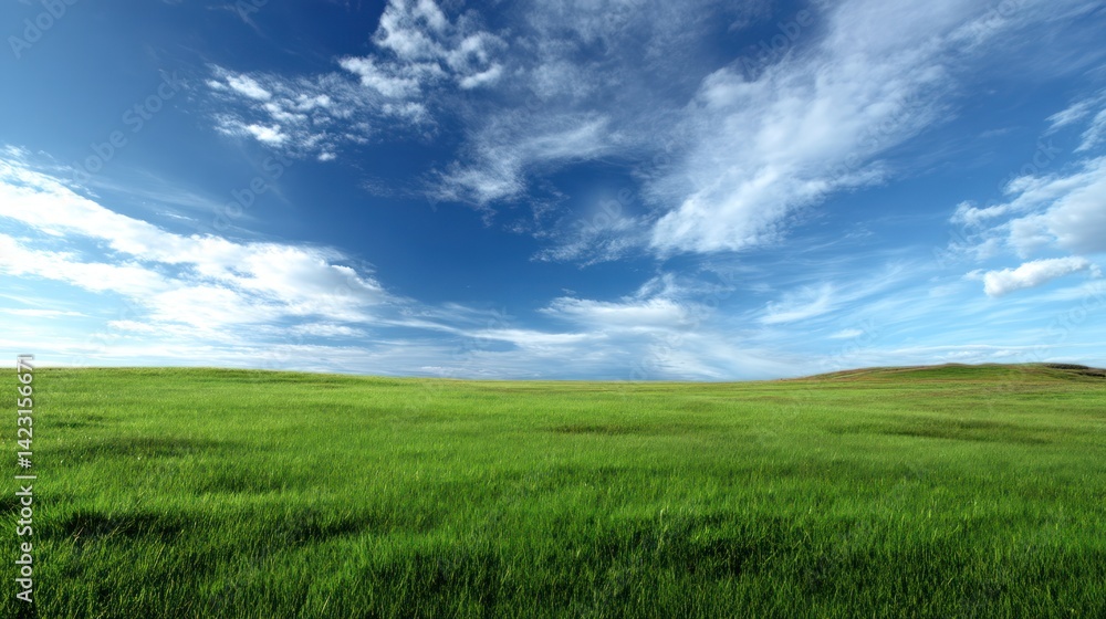 A serene landscape featuring lush green grass under a bright blue sky with fluffy white clouds. Perfect for nature lovers. A serene landscape featuring lush green grass under a bright blue sky with fluffy white clouds. Perfect for nature lovers.