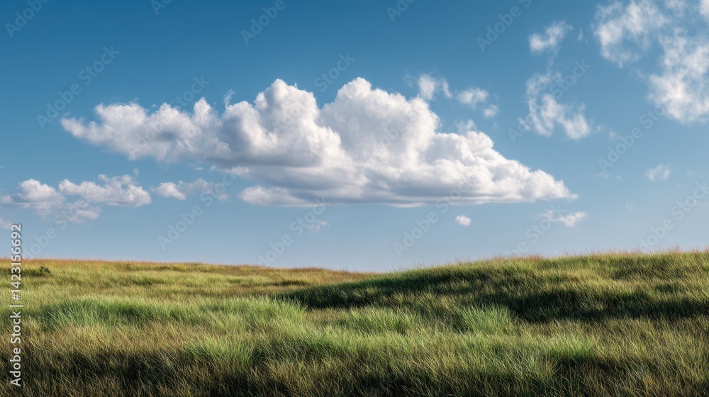 Obraz premium A serene landscape featuring lush green grass under a bright blue sky with fluffy clouds, creating a perfect natural backdrop.