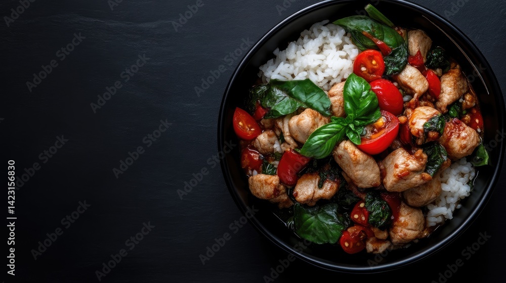 Spicy chicken and rice bowl with basil and cherry tomatoes Spicy chicken and rice bowl with basil and cherry tomatoes