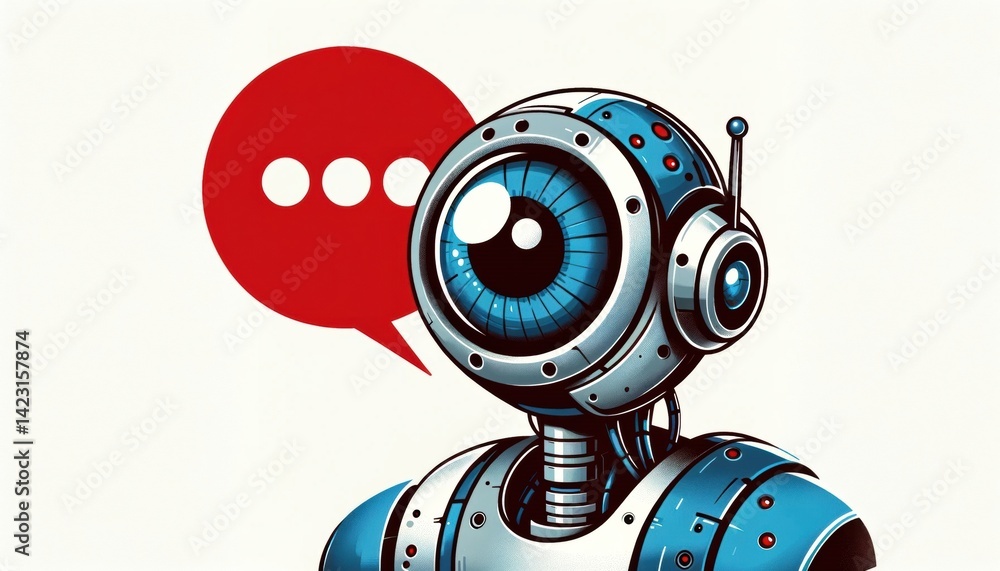 A stylish robot character with a chat bubble, symbolizing communication and technology. Perfect for illustrating AI, customer service, or tech innovation. A stylish robot character with a chat bubble, symbolizing communication and technology. Perfect for illustrating AI, customer service, or tech innovation.
