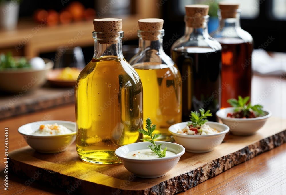 Assorted oils and dips arranged on a wooden platter Assorted oils and dips arranged on a wooden platter