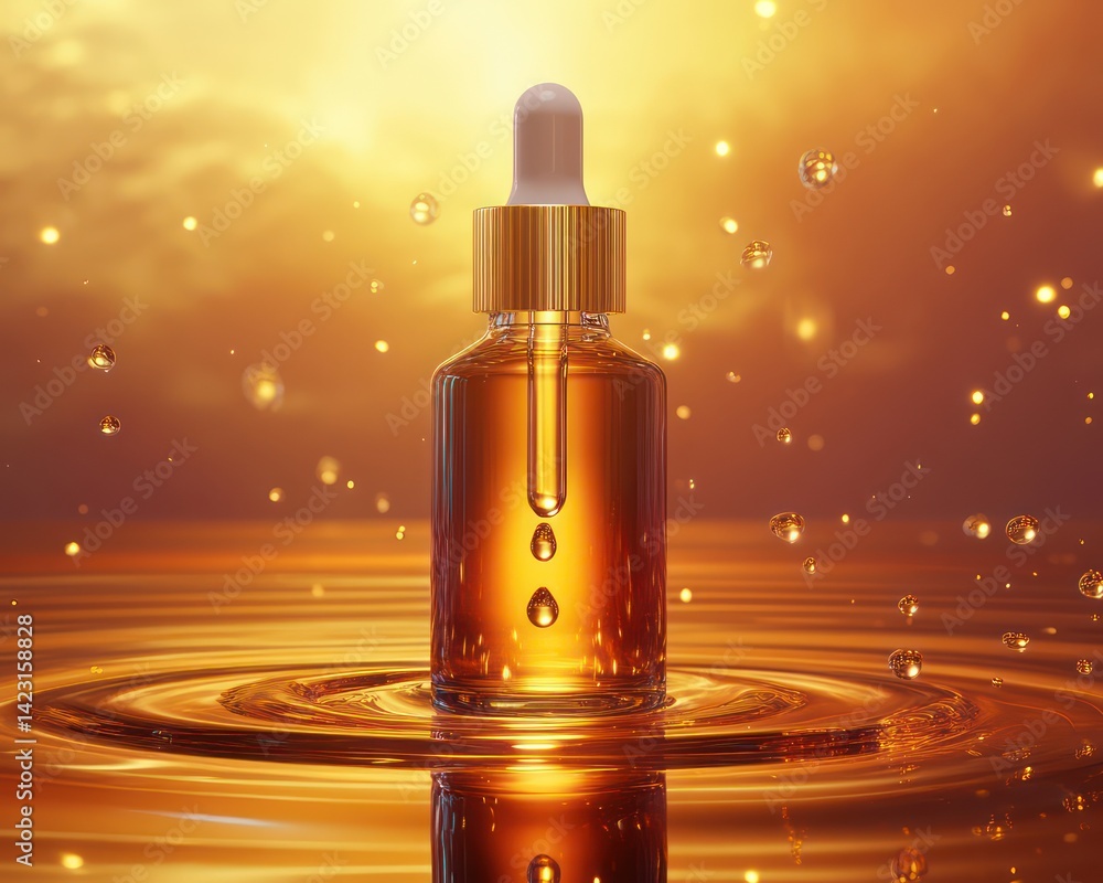 Naklejka premium Amber essential oil bottle golden liquid background