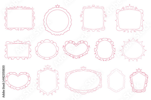 Princess cute pink frame sketch with crown swirl decorations. Simple doodle hand drawn border. Whimsical elegant vintage.