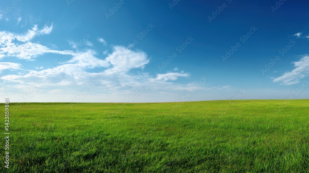 Fototapeta premium A vast green landscape under a clear blue sky, showcasing the beauty of nature and tranquility in an open field.